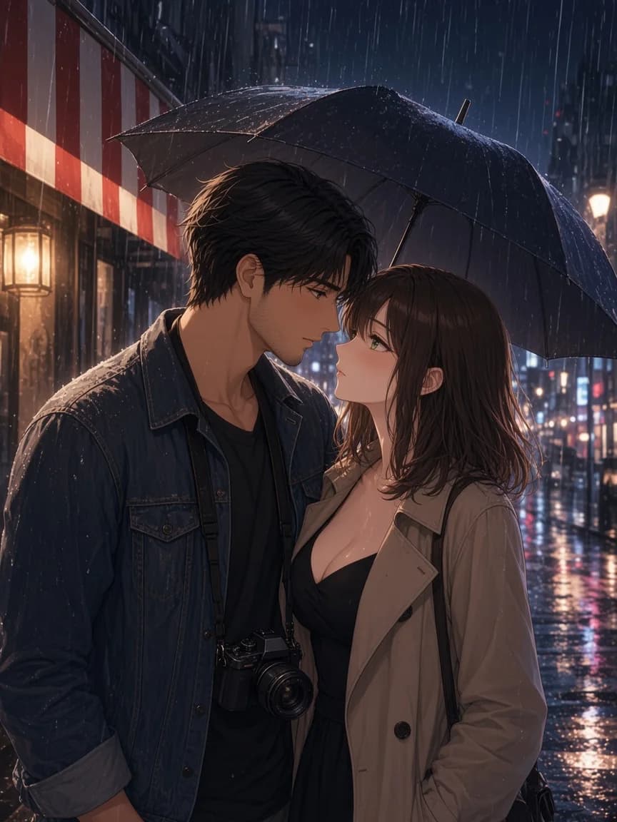 Yui sob o toldo de um café fechado enquanto a chuva cai sobre a rua iluminada