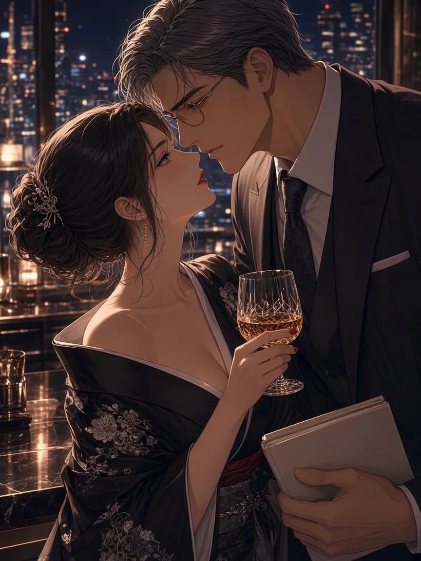 Reiko de quimono elegante em um bar luxuoso de Ginza com um copo de uísque e luzes da cidade desfocadas