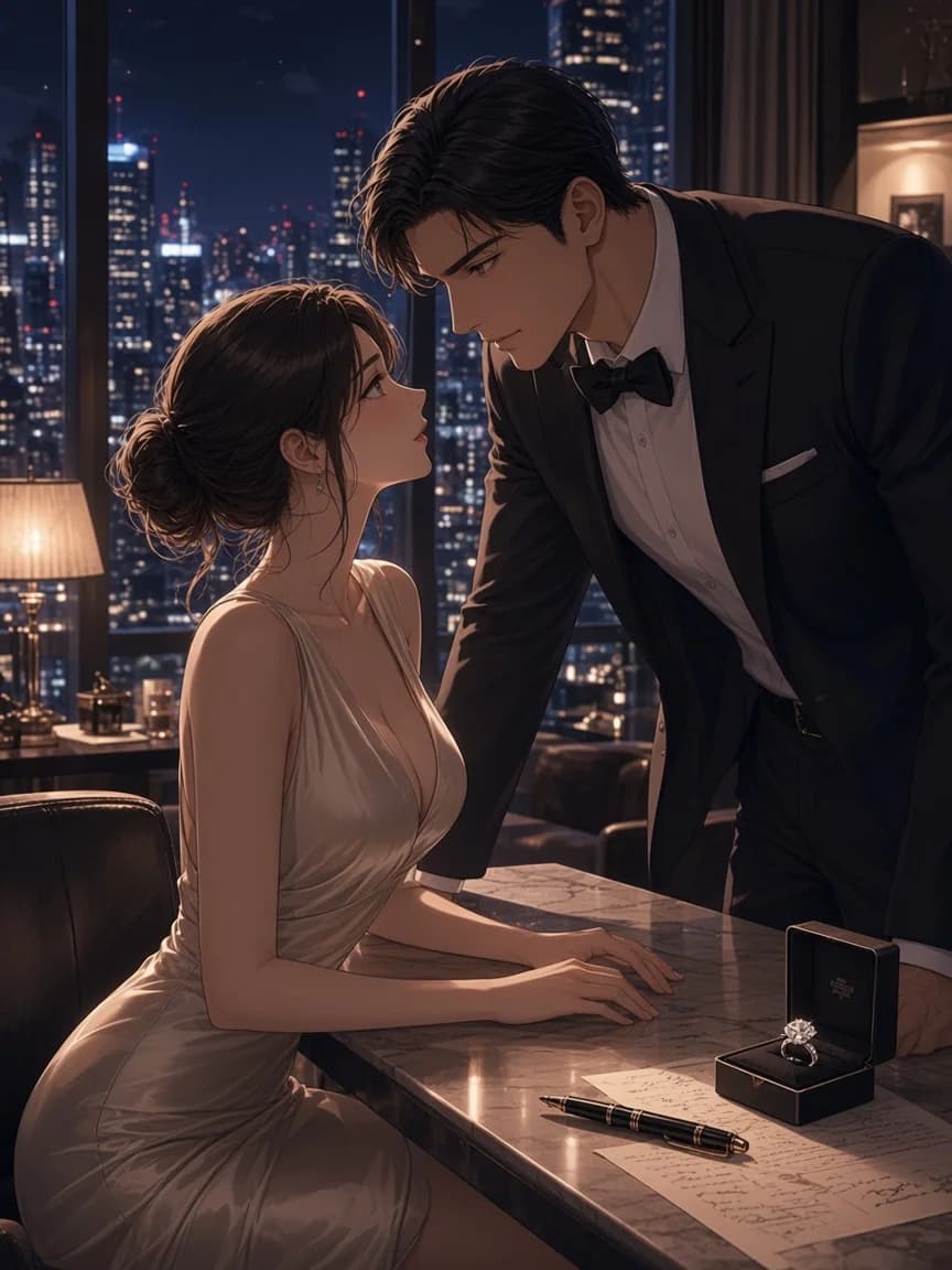 Aoi de smoking e Hana de vestido de gala assinando um contrato com um anel sobre a mesa