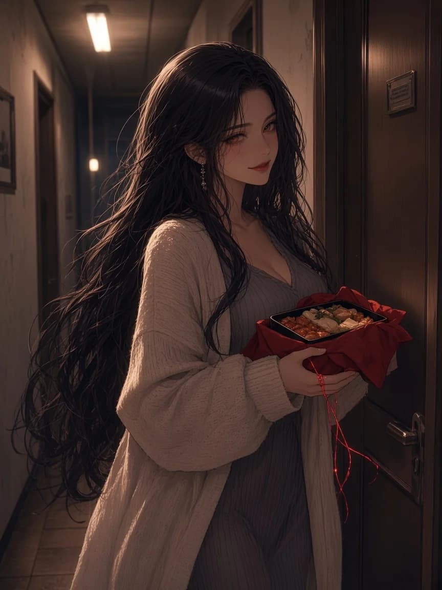 Shizuku sorrindo na porta do apartamento com uma marmita, com um brilho sombrio no olhar