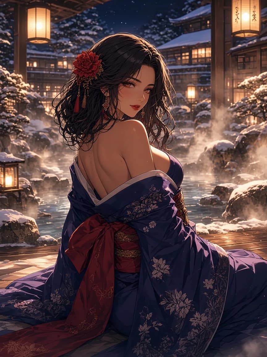 Nao de yukata em um ryokan com lanternas e vapor das águas termais