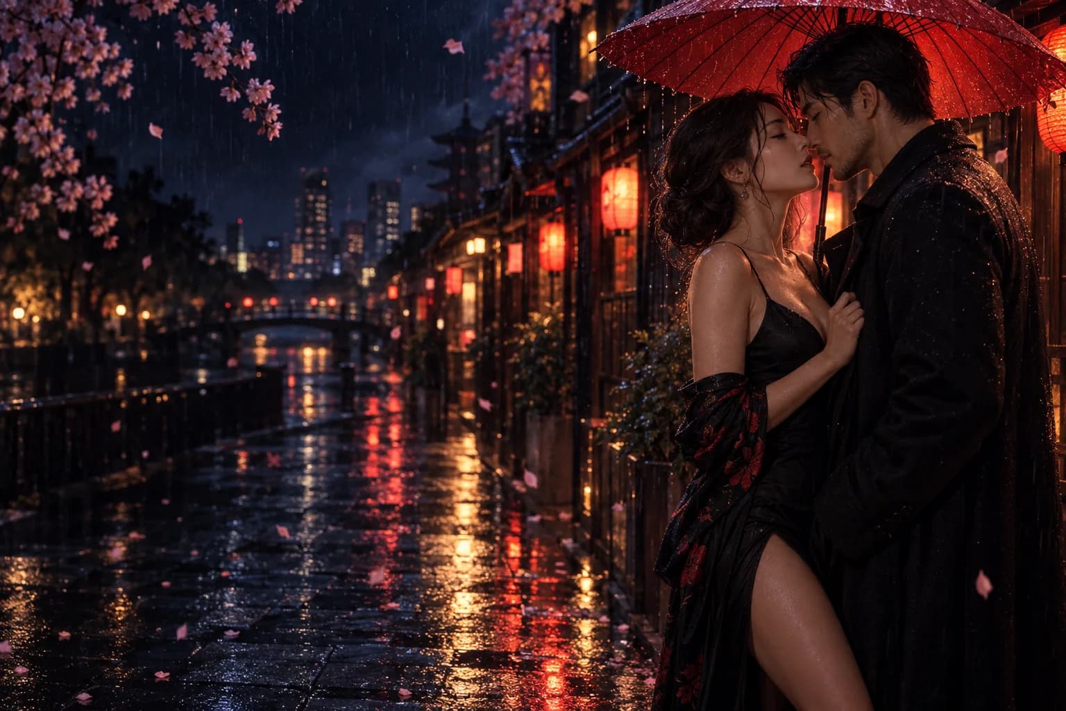 Casal abraçado sob um guarda-chuva vermelho numa rua de Tóquio à noite, com chuva, lanternas acesas e pétalas de sakura no chão molhado.