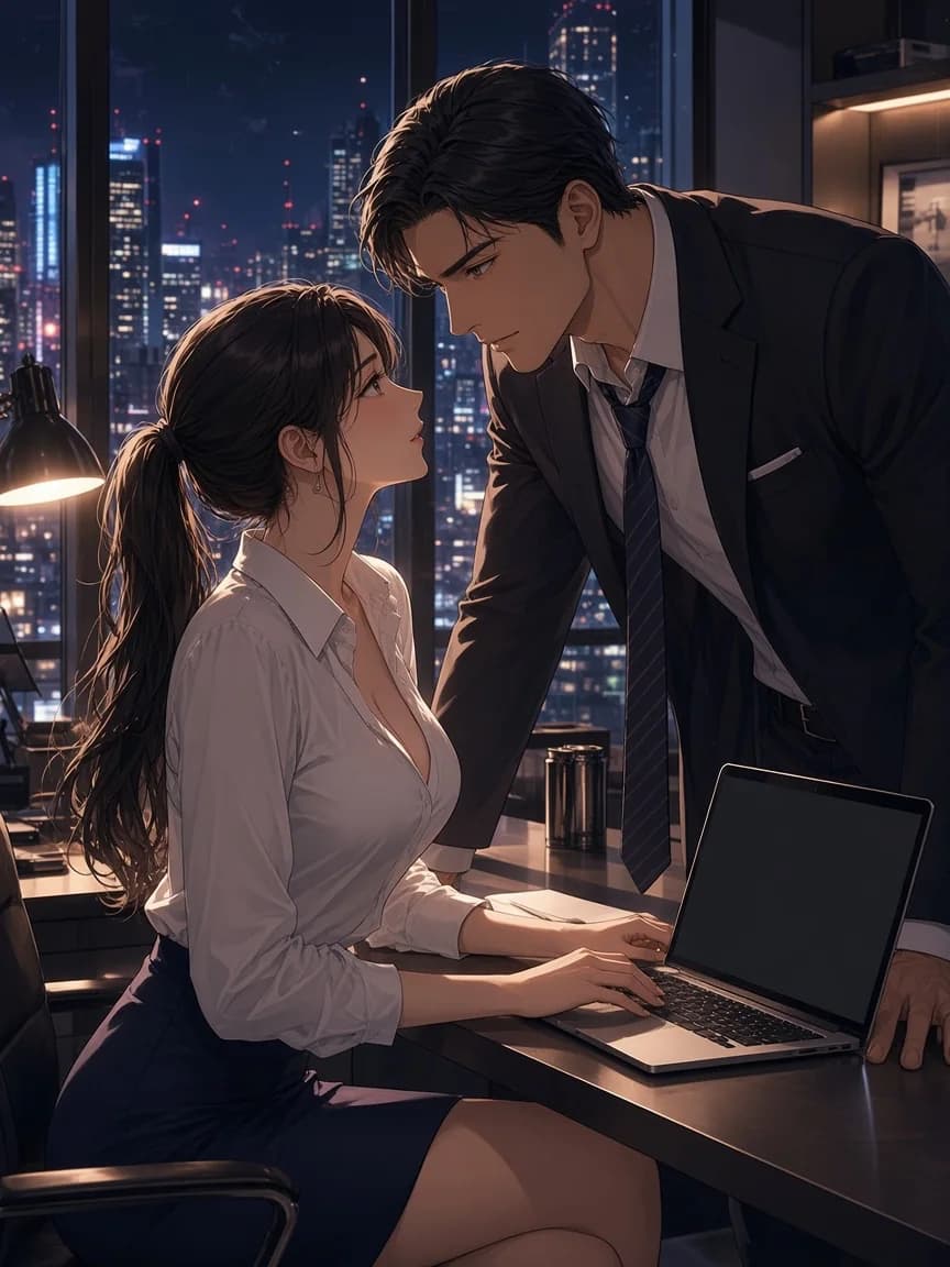 Escritório vazio à noite com Misaki na mesa e Kurokawa de gravata afrouxada apoiado na divisória
